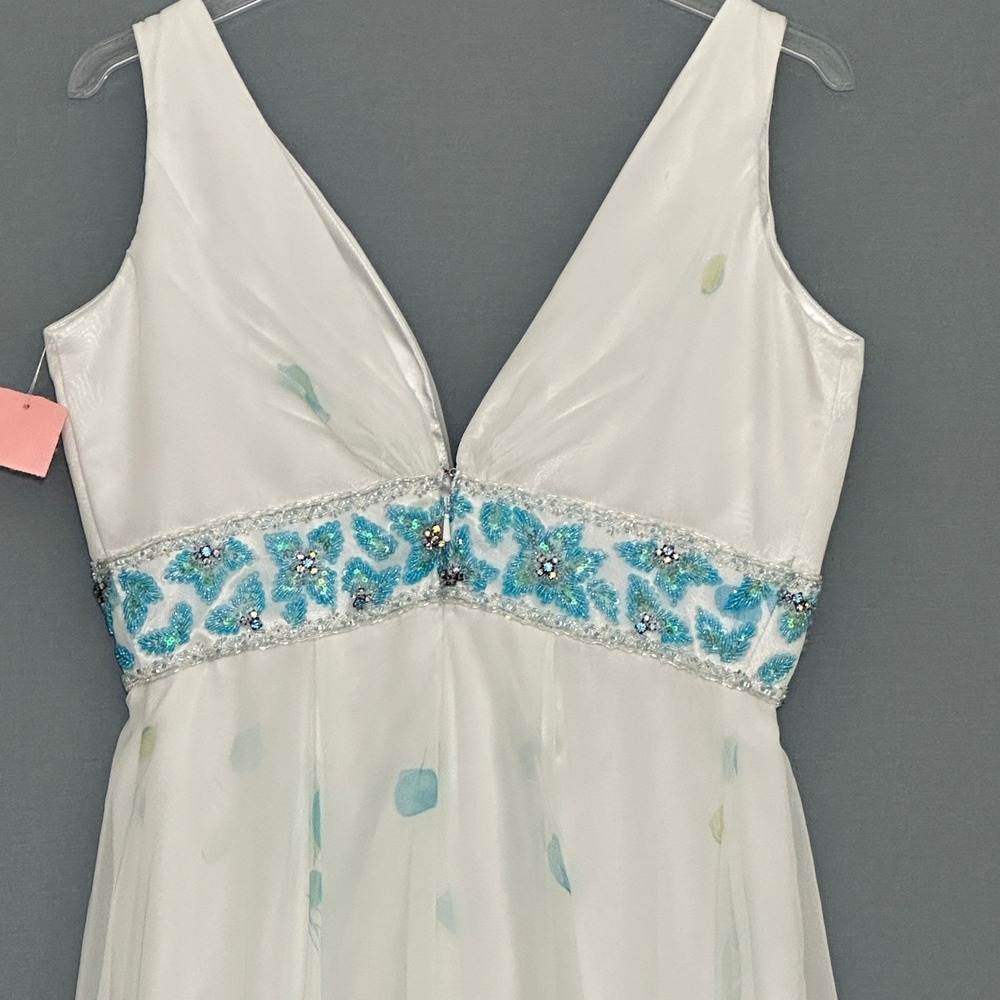 VTG Tony Bowls Le Gala Woman Dress 14 White Blue Floral Beaded Ethereal Romantic - Picture 12 of 16